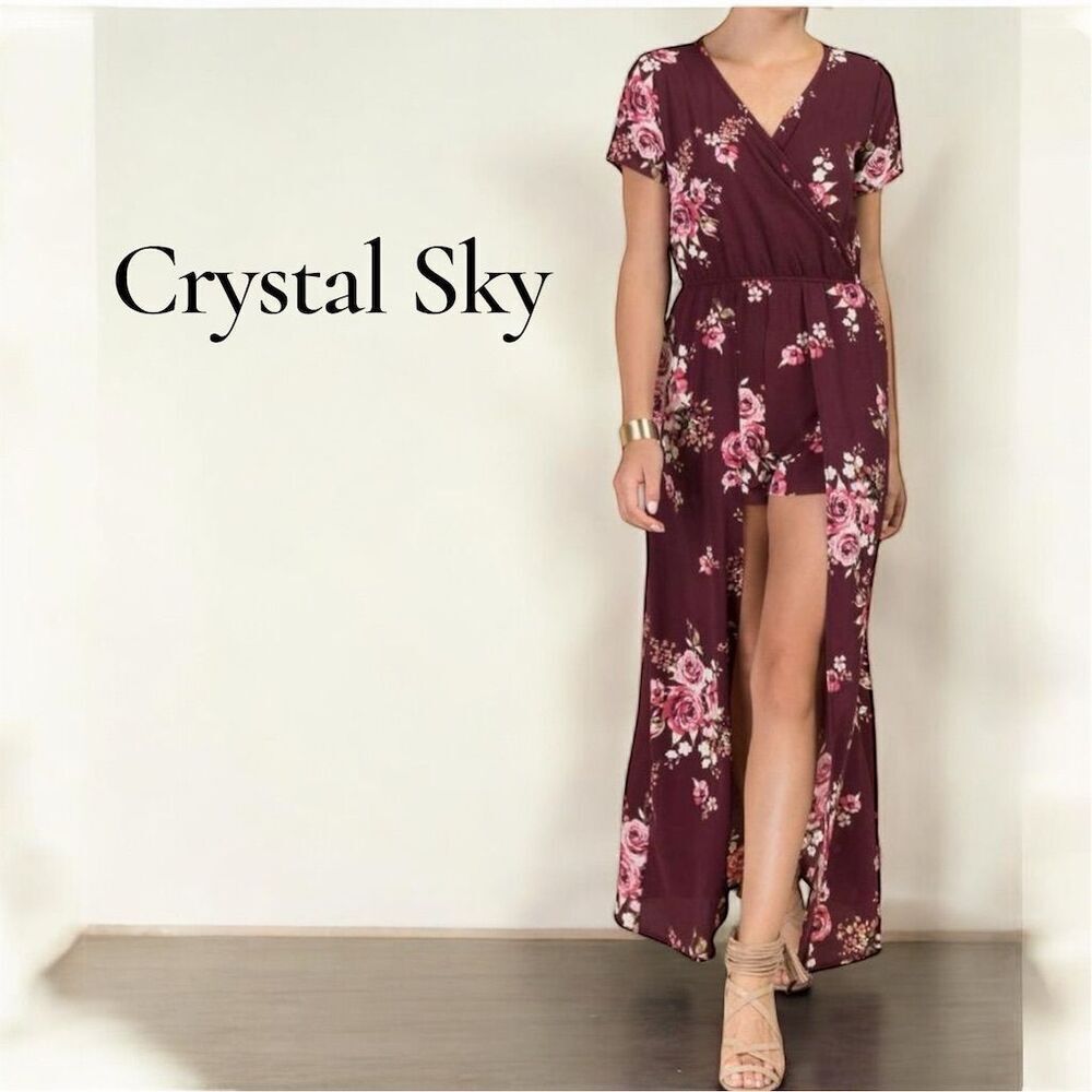 Crystal Sky Francesca’s Women's Burgundy Floral Shorts Maxi Short Sleeve Romper